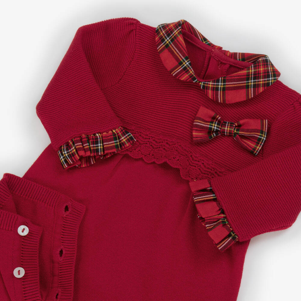 Emile et Rose-Girls Red Cotton Knit Babysuit Set with Tartan Trims | Childrensalon Outlet