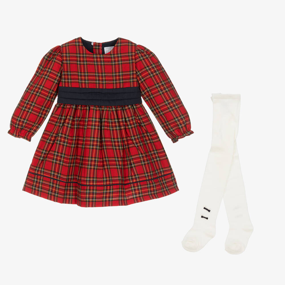 Emile et Rose - Girls Red Tartan Dress & Tights Set | Childrensalon