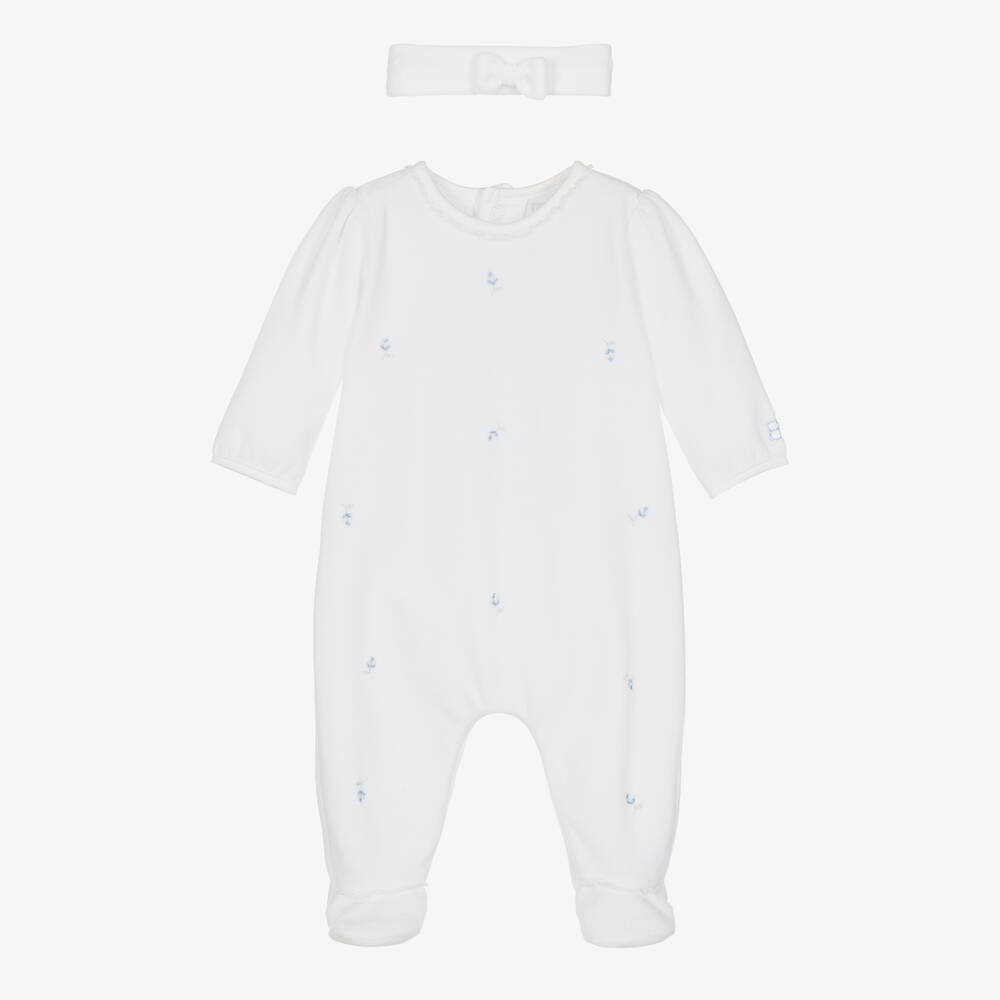 Emile et Rose - Girls White Velour Babygrow Set | Childrensalon