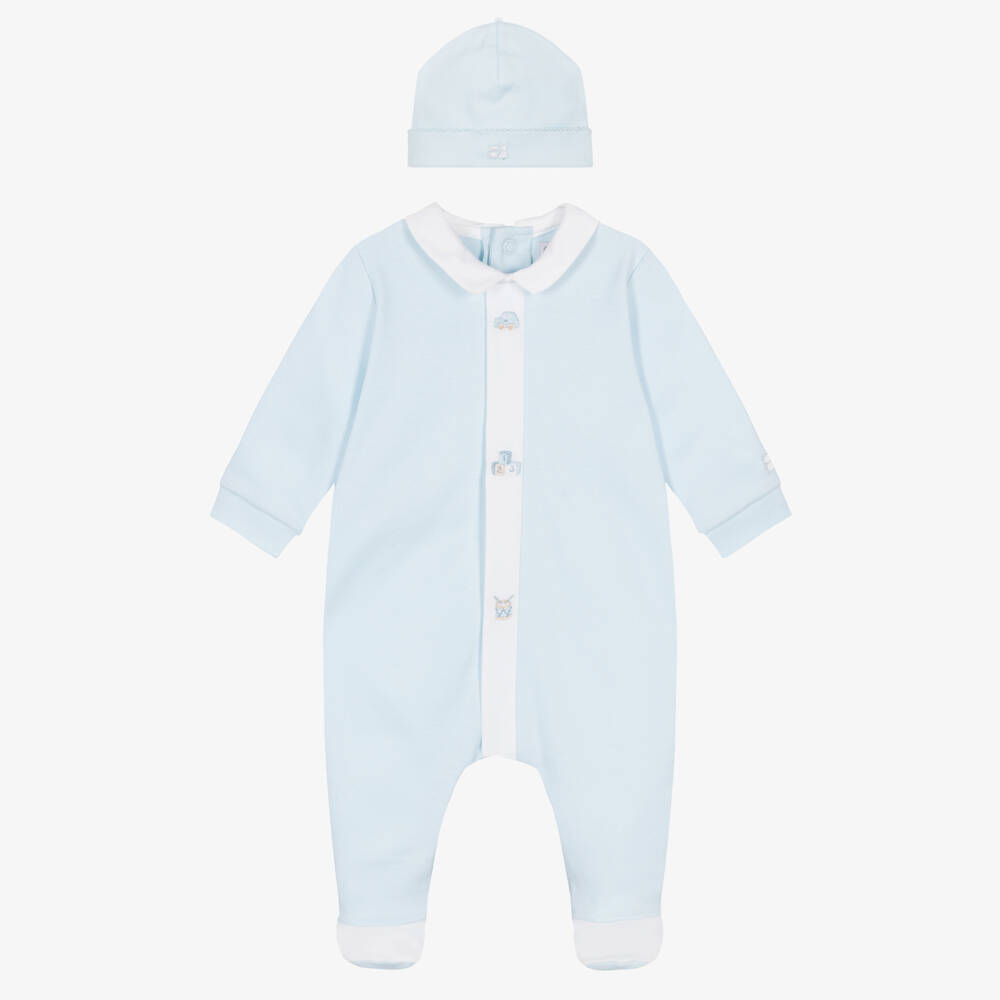 Emile et Rose-Pale Blue Cotton Jersey Babygrow Set with Toy Embroidery | Childrensalon Outlet
