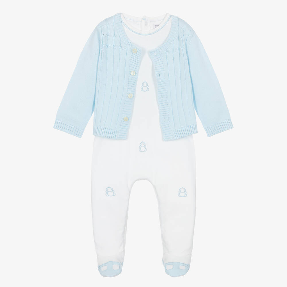 Emile et Rose-Белый комбинезон и голубой кардиган из хлопка | Childrensalon Outlet