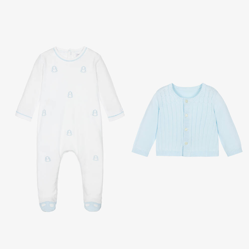 Emile et Rose-White & Blue Cotton Babysuit Set | Childrensalon Outlet