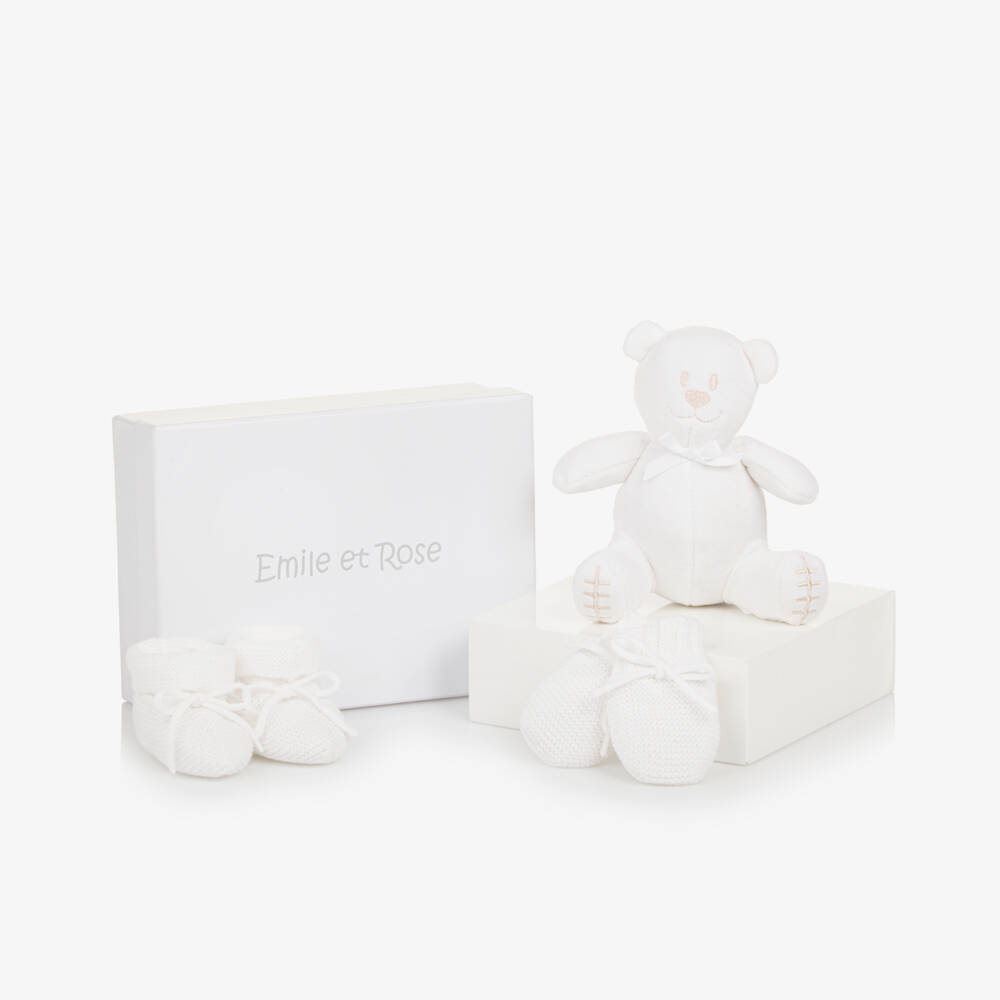 Emile et Rose-White Mitts & Booties Baby Gift Set with Teddy Bear | Childrensalon Outlet