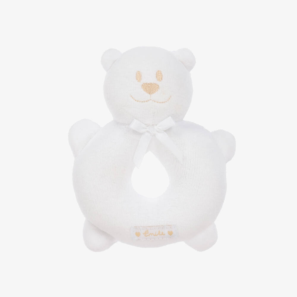Emile et Rose-White Plush Bear Rattle Toy (14cm) | Childrensalon Outlet
