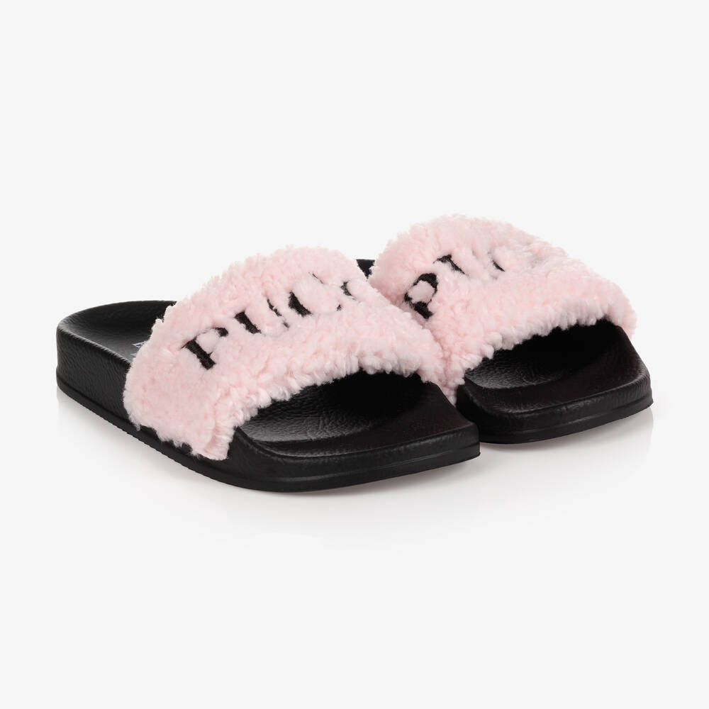 PUCCI - Black & Pink Fluffy Sliders | Childrensalon