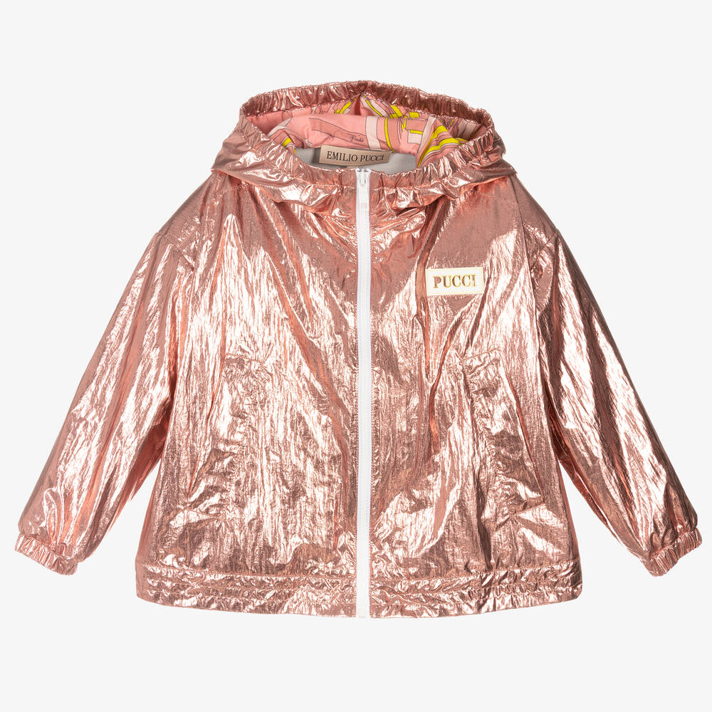 PUCCI - Розовая куртка на молнии с эффектом металлик для девочек | Childrensalon