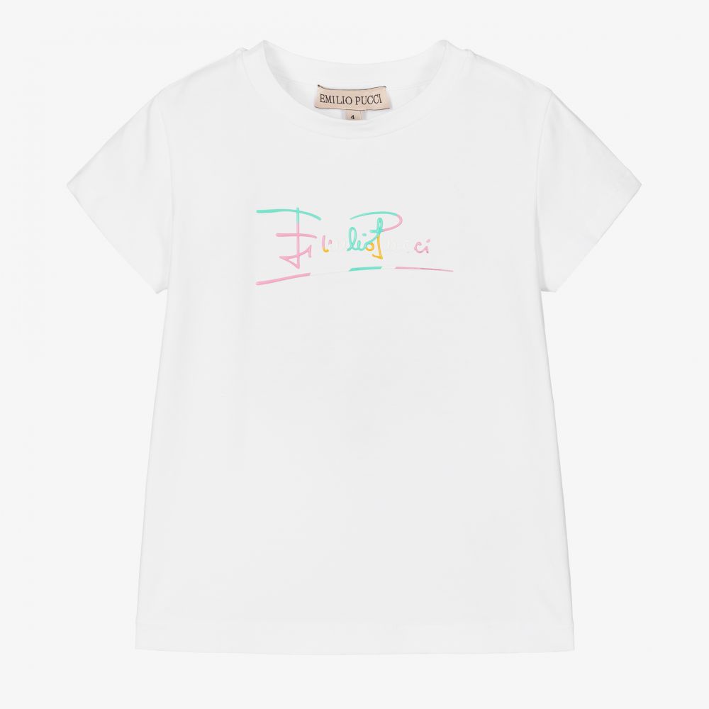 PUCCI - Girls White Logo T-Shirt | Childrensalon