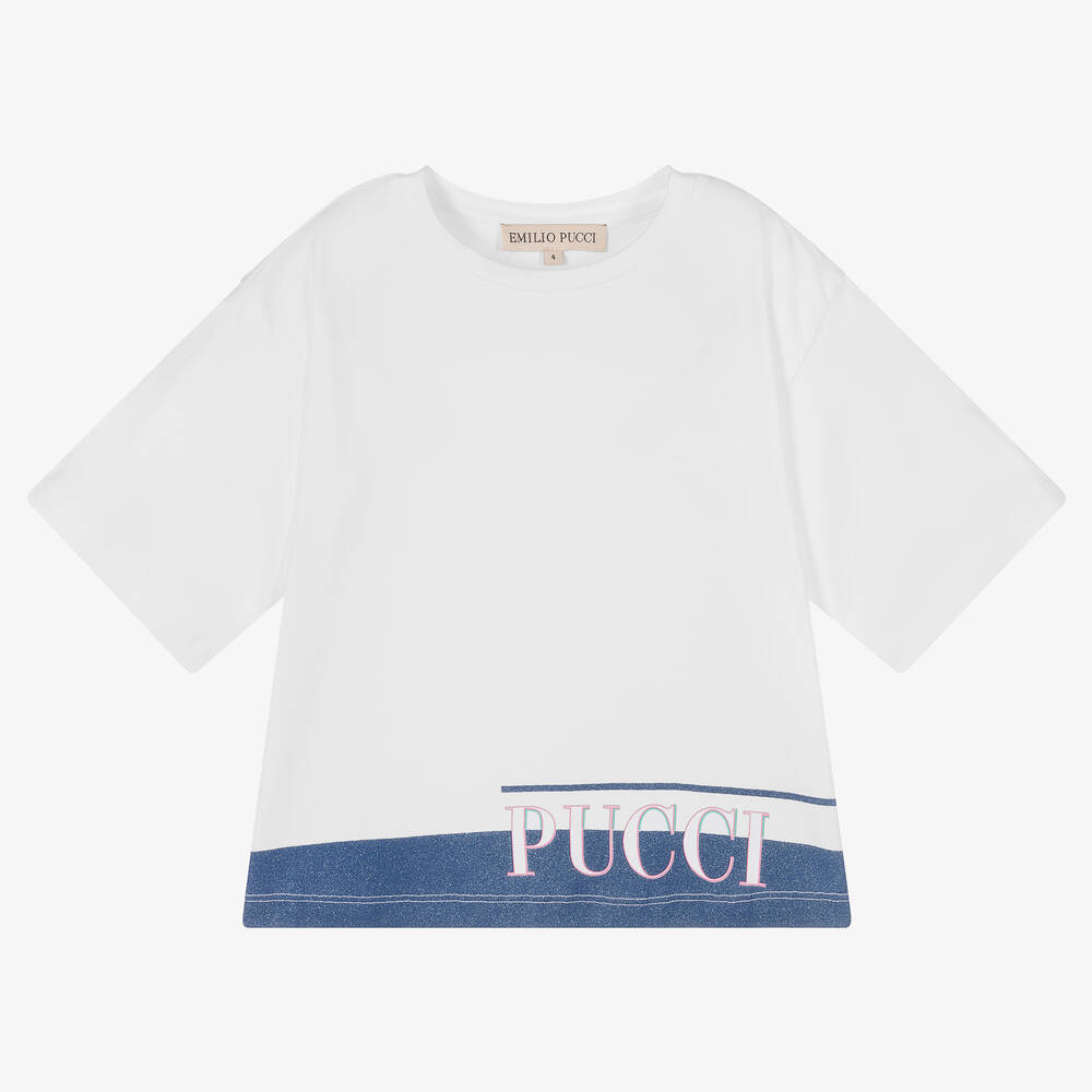 PUCCI - Girls White Logo T-Shirt | Childrensalon