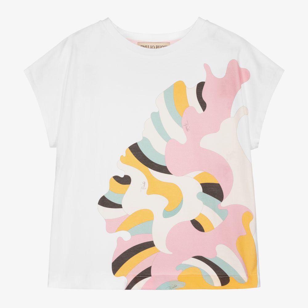 PUCCI - Girls White Ranuncoli T-Shirt | Childrensalon
