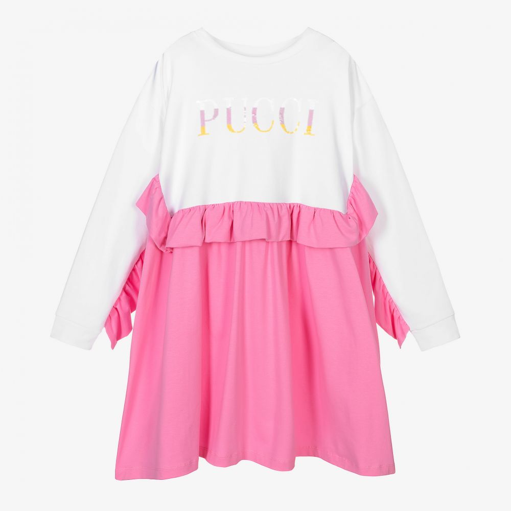 PUCCI - فستان تينز قطن جيرسي لون زهري وأبيض | Childrensalon