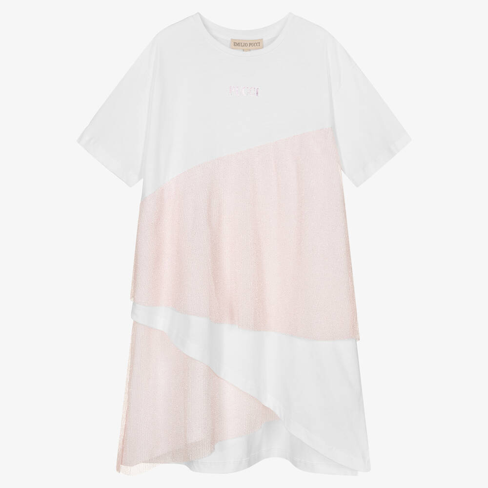 PUCCI - فستان تينز قطن مزين بكشكش لون أبيض وزهري | Childrensalon