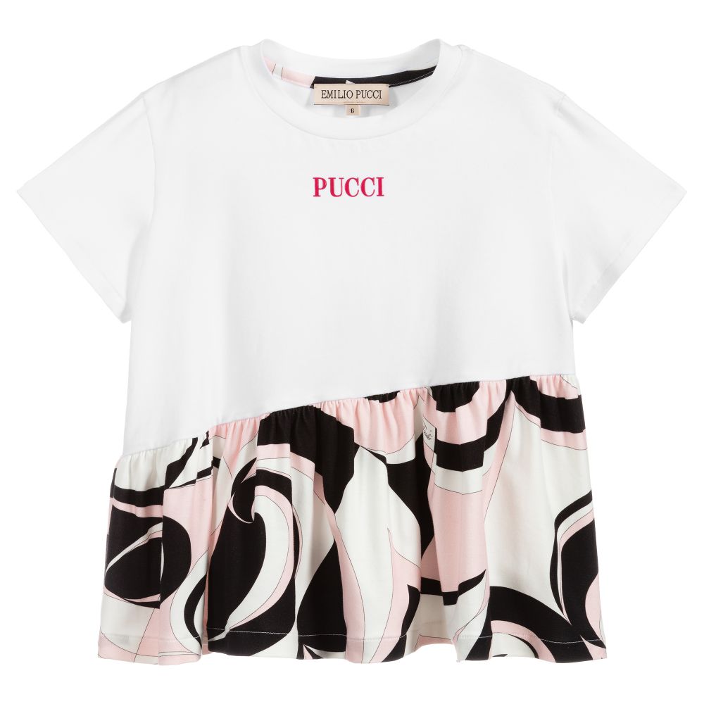 PUCCI - Белая футболка с розовым логотипом | Childrensalon