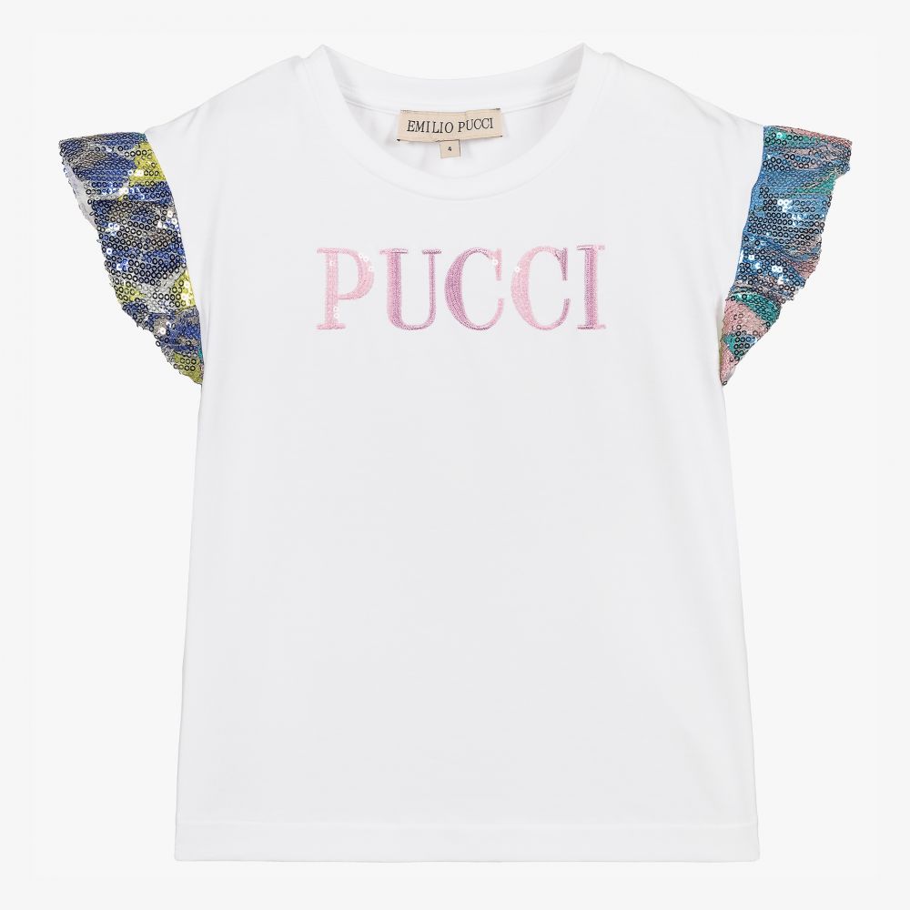 PUCCI - Weißes T-Shirt mit Paillettenärmeln | Childrensalon