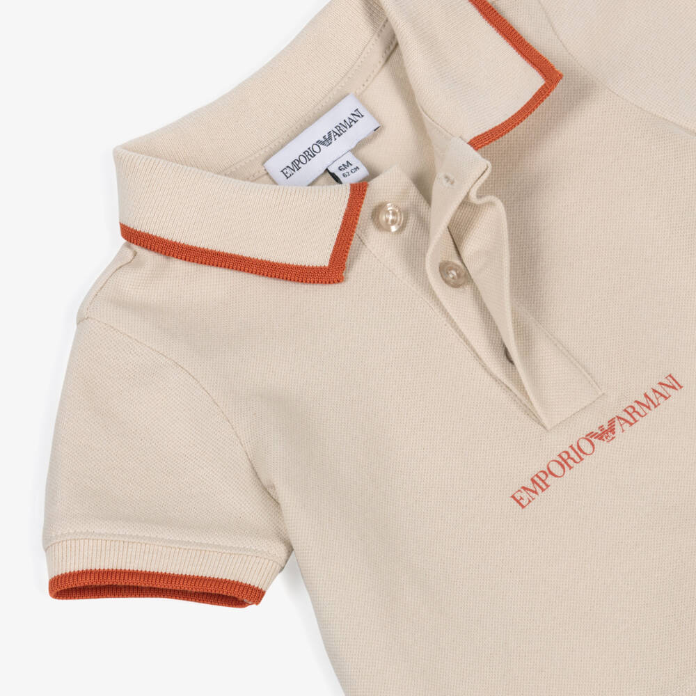 Emporio Armani-Baby Boys Beige Cotton Piqué Tipped Polo Shirt | Childrensalon Outlet