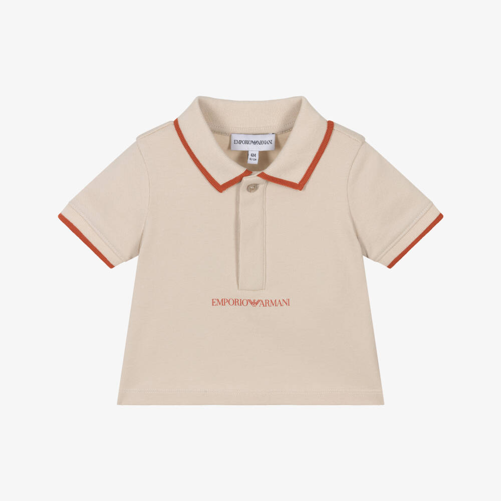 Emporio Armani-Baby Boys Beige Cotton Piqué Tipped Polo Shirt | Childrensalon Outlet