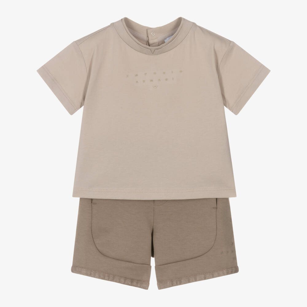 Emporio Armani-Baby Boys Beige Cotton Shorts Set with Tonal Logo | Childrensalon Outlet