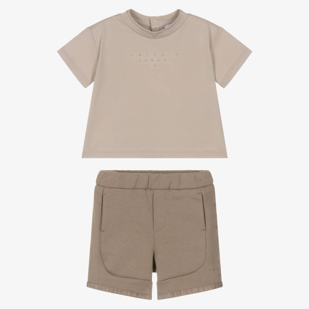 Emporio Armani-Baby Boys Beige Cotton Shorts Set with Tonal Logo | Childrensalon Outlet