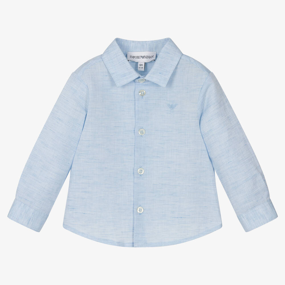 Emporio Armani - Baby Boys Blue Cotton & Linen Shirt | Childrensalon