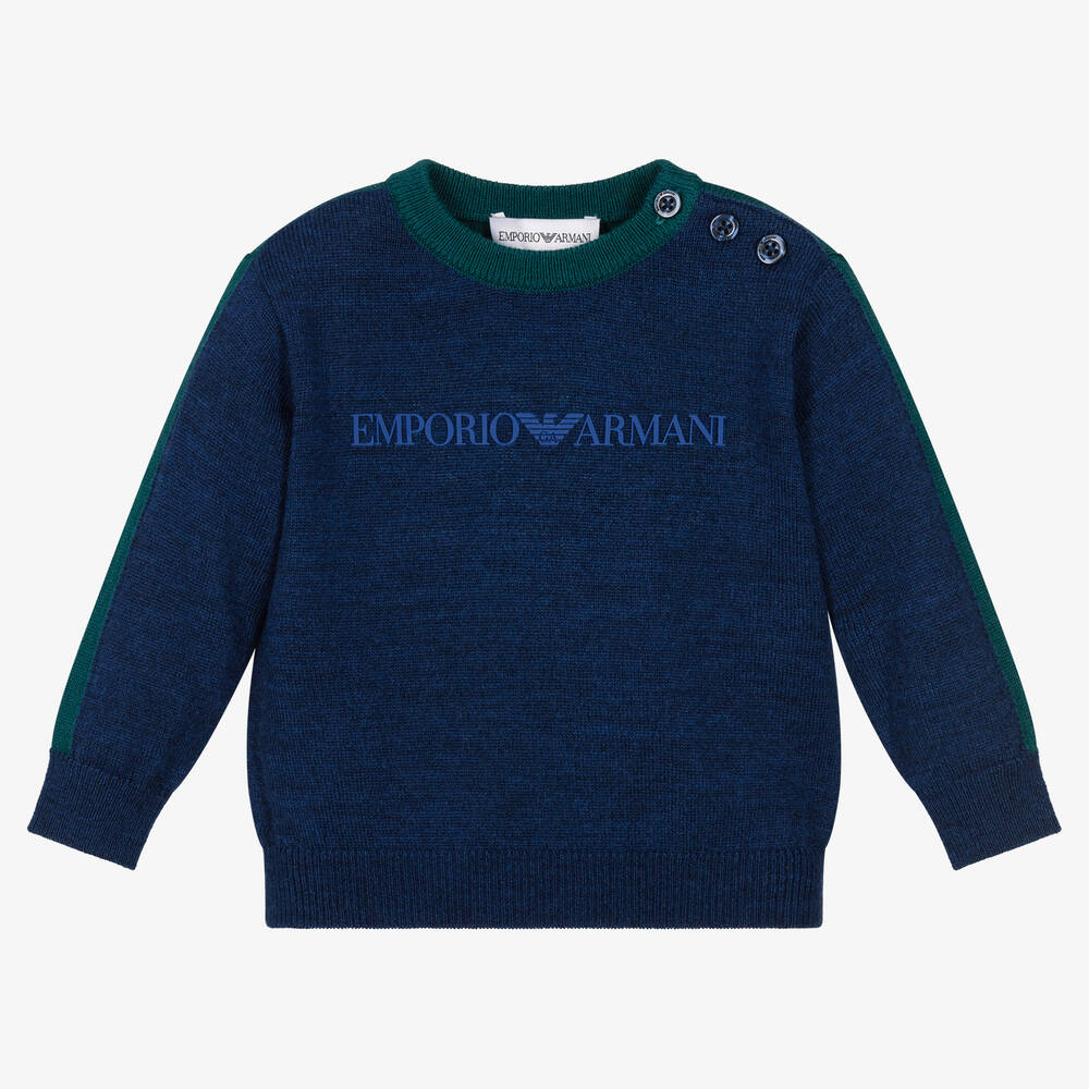 Emporio Armani - Baby Boys Blue & Green Wool Jumper | Childrensalon