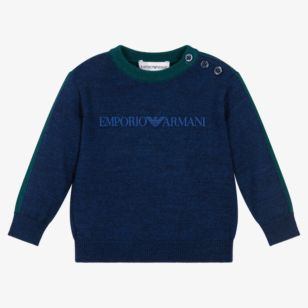 Emporio Armani - بلوفر  أطفال ولادي مزيج صوف بكر لون أخضر وأزرق | Childrensalon