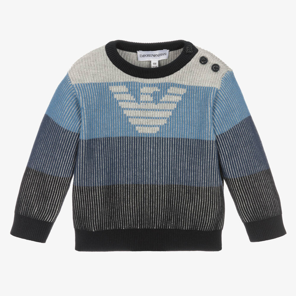 Emporio Armani - Pull bleu et gris rayé en coton bébé | Childrensalon