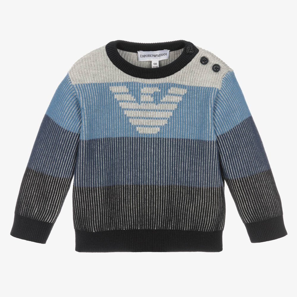 Emporio Armani - Baby Boys Blue & Grey Stripe Cotton Jumper | Childrensalon