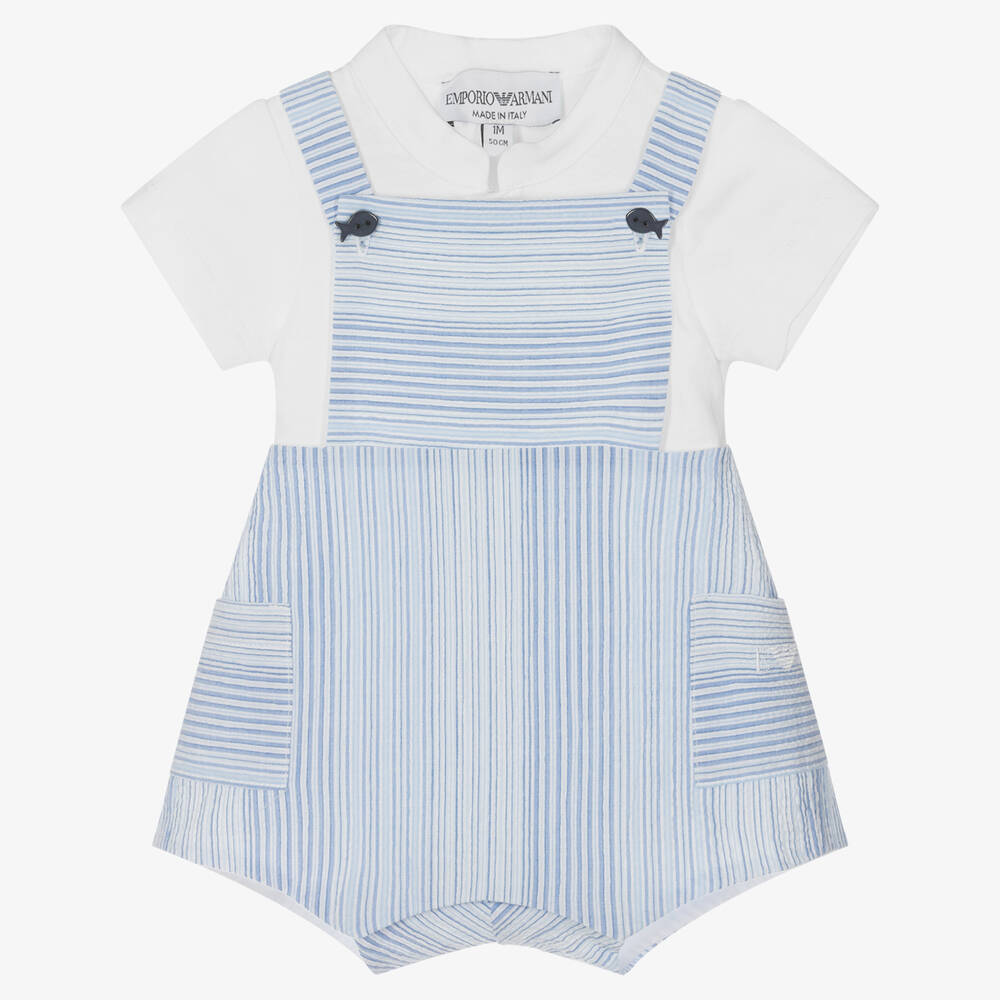 Emporio Armani - Baby Boys Blue Striped Dungaree Set | Childrensalon