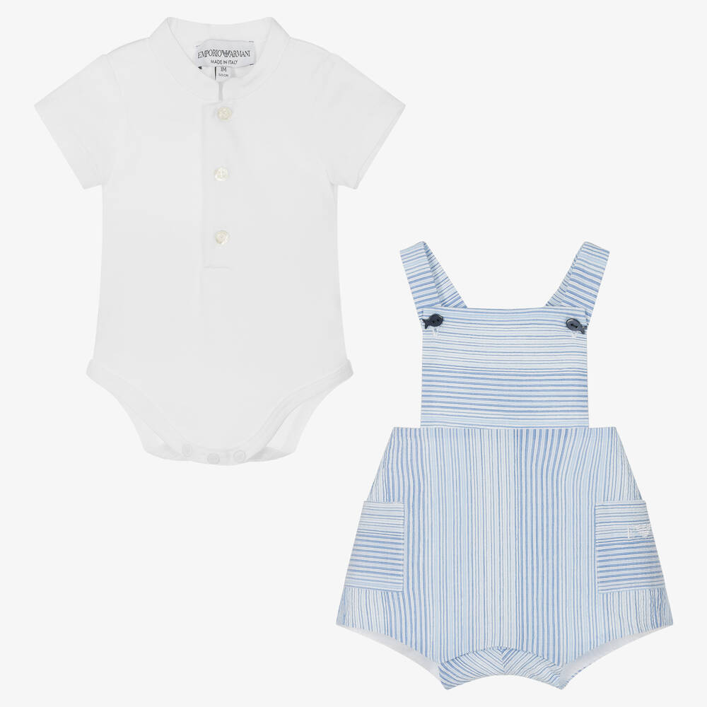 Emporio Armani-Baby Boys Blue Striped Dungaree Set | Childrensalon Outlet