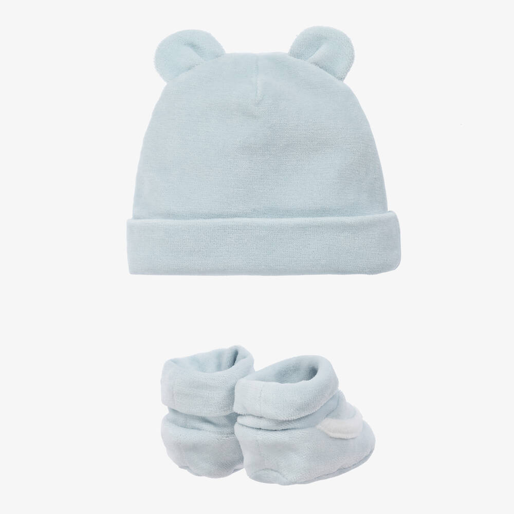 Emporio Armani Baby Boys Blue Velour Hat Booties Set