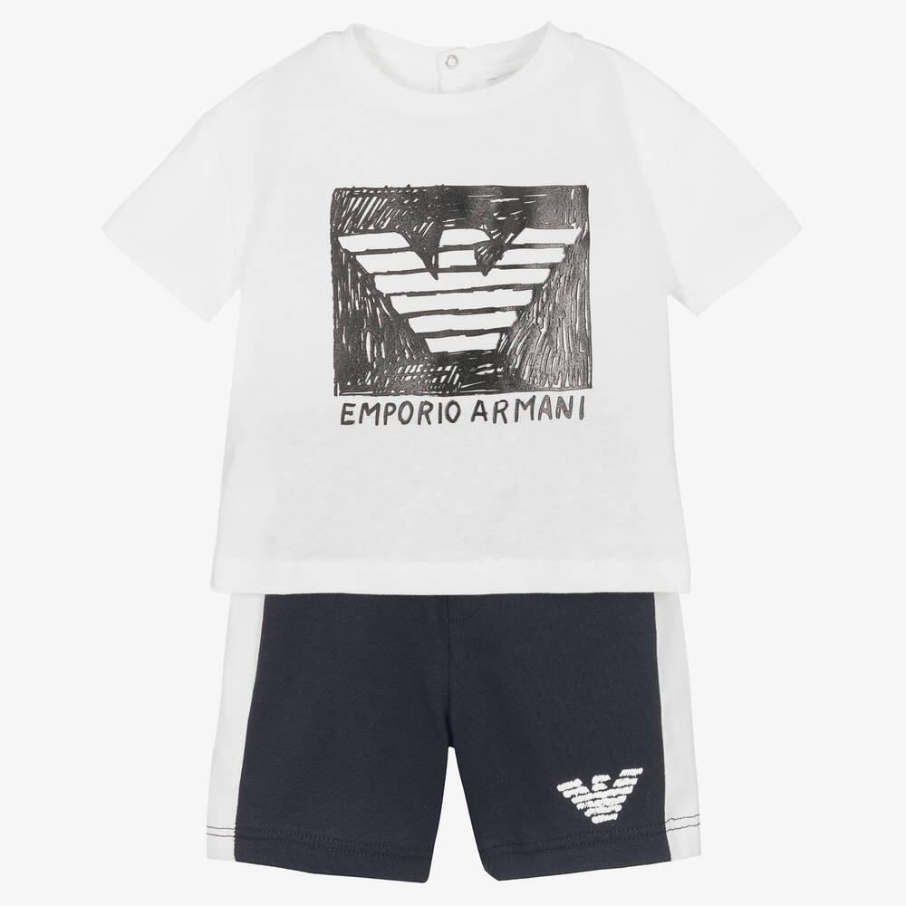 Emporio Armani - طقم شورت أطفال ولادي قطن لون أبيض وكحلي | Childrensalon