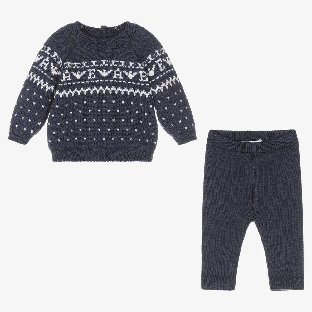 Emporio Armani-Baby Boys Blue Wool Knit Trouser Set | Childrensalon Outlet