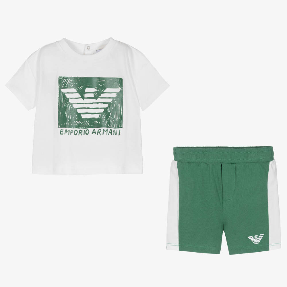 Emporio Armani Baby Boys Green & White Cotton Logo Shorts Set