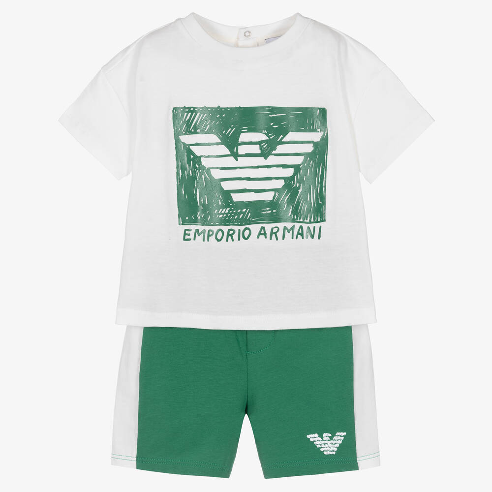 Emporio Armani - طقم شورت أطفال ولادي قطن لون أبيض وأخضر | Childrensalon