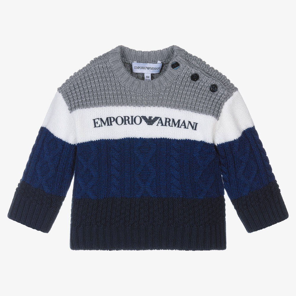 Emporio Armani - Pull gris et bleu en laine bébé | Childrensalon