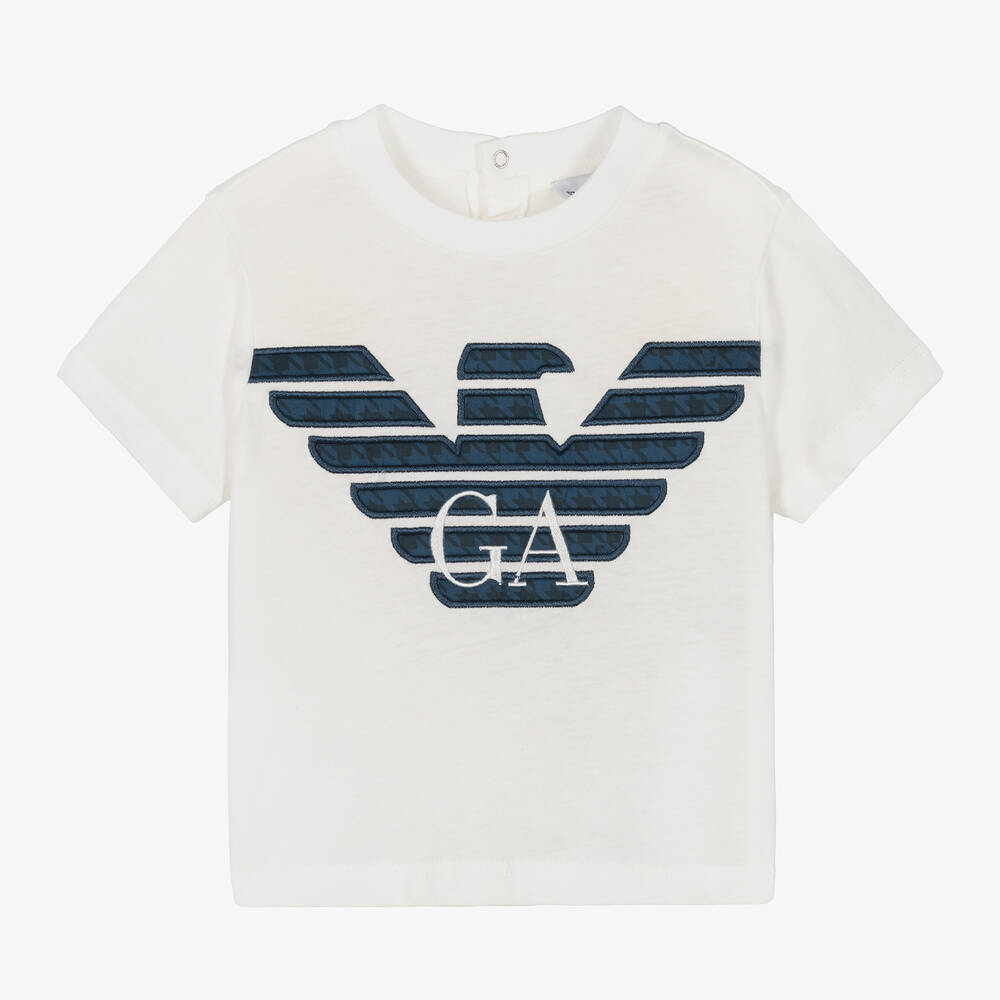 Emporio Armani - Baby Boys Ivory & Blue Eagle Logo T-Shirt | Childrensalon