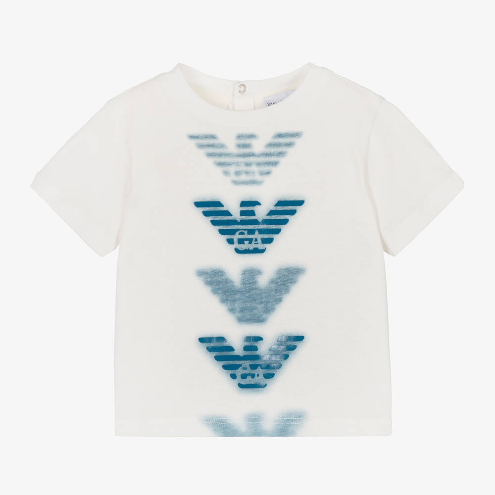 Emporio Armani - T-shirt ivoire à aigle bleus bébé | Childrensalon