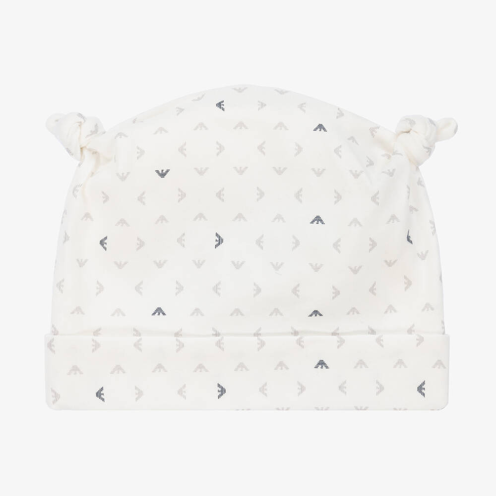 إمبوريو أرماني-قبعة بطبعة مونوغرام قطن لون عاجي للمواليد | Childrensalon Outlet