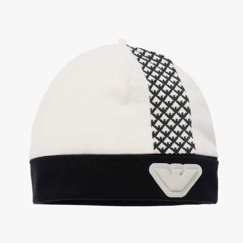 Emporio Armani - Bonnet ivoire et bleu marine en coton aigle bébé garçon | Childrensalon