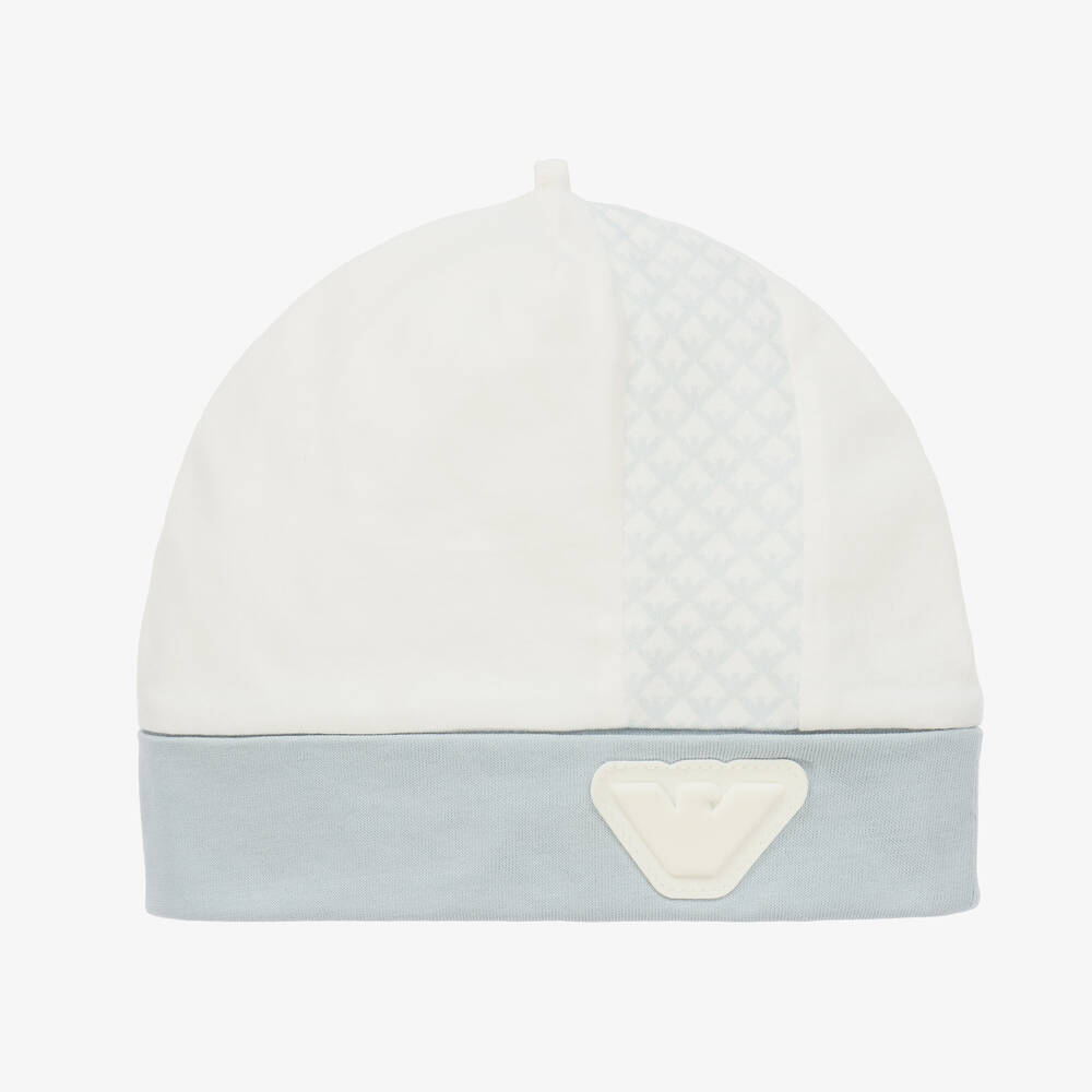 Emporio Armani - Baby Boys Ivory & Pale Blue Cotton Eagle Hat | Childrensalon