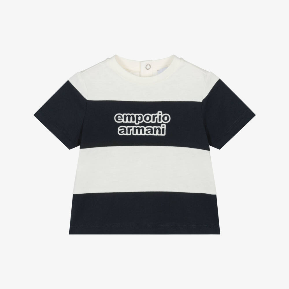 Emporio Armani-Baby Boys Navy Blue & Ivory Striped Cotton T-Shirt | Childrensalon Outlet