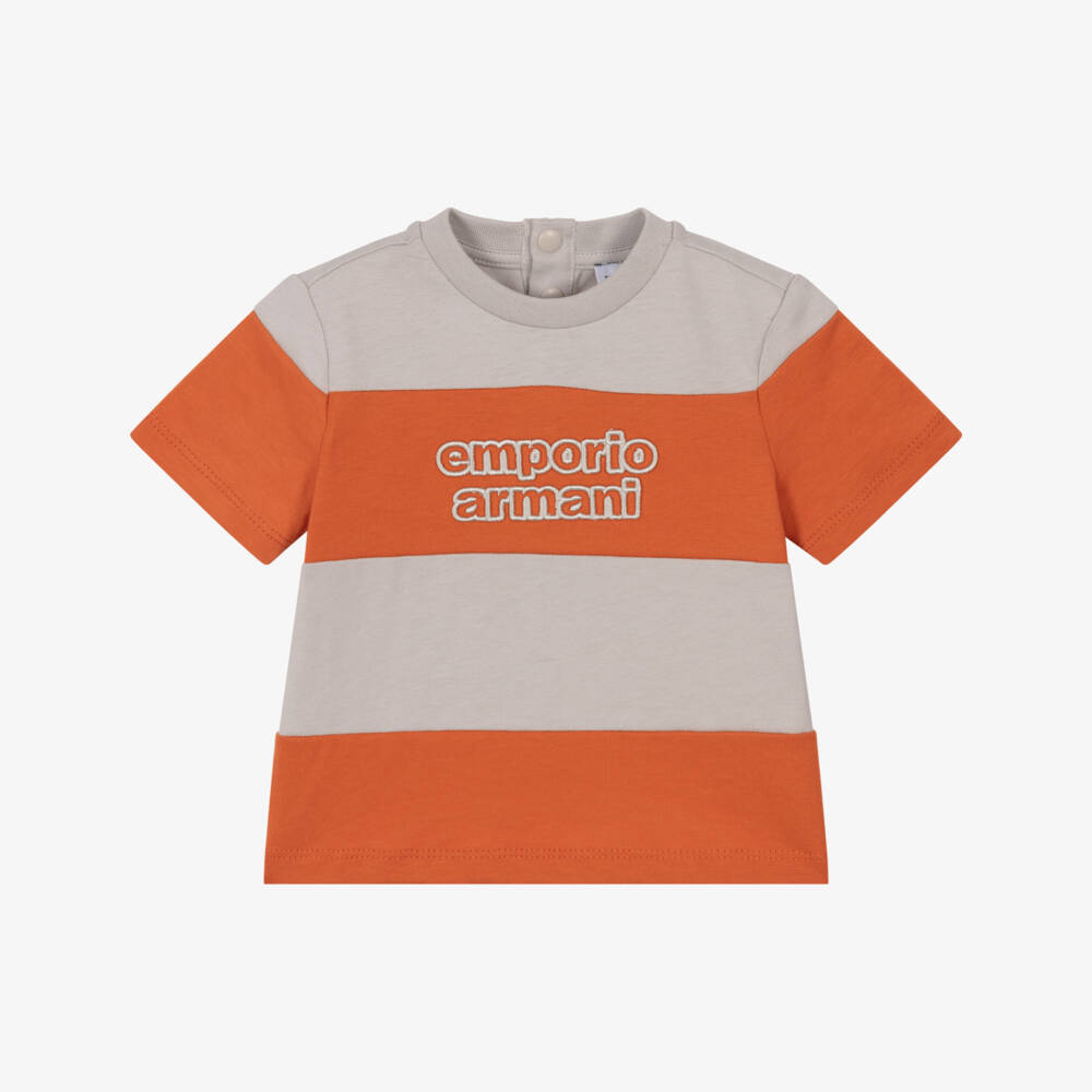Emporio Armani-Футболка из хлопка в полоску оранжевая для мальчиков | Childrensalon Outlet