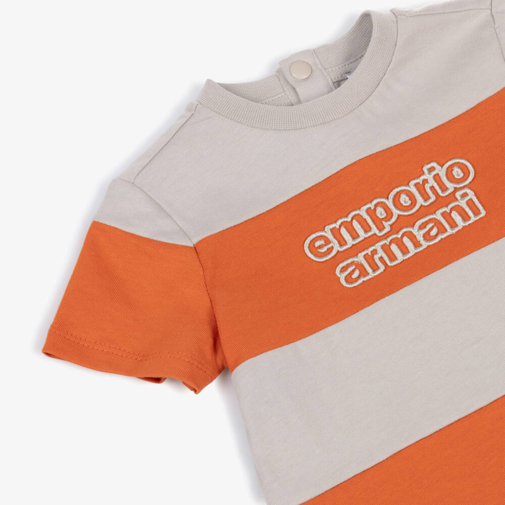 Emporio Armani-Футболка из хлопка в полоску оранжевая для мальчиков | Childrensalon Outlet