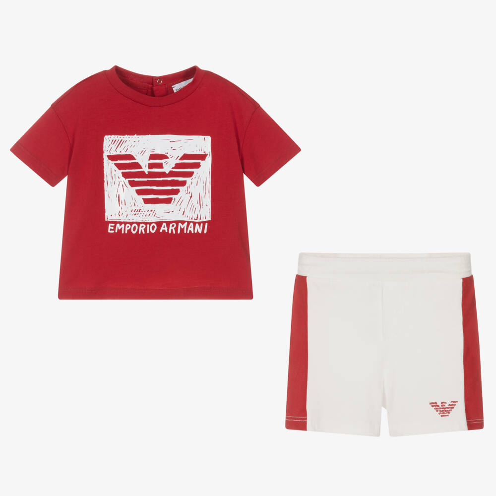 Emporio Armani-Baby Boys Red & White Cotton Logo Shorts Set | Childrensalon Outlet