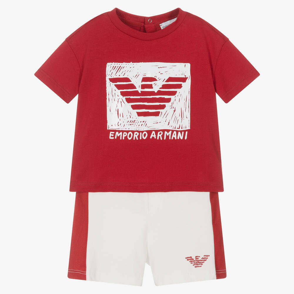 Emporio Armani - Baby Boys Red & White Cotton Logo Shorts Set | Childrensalon