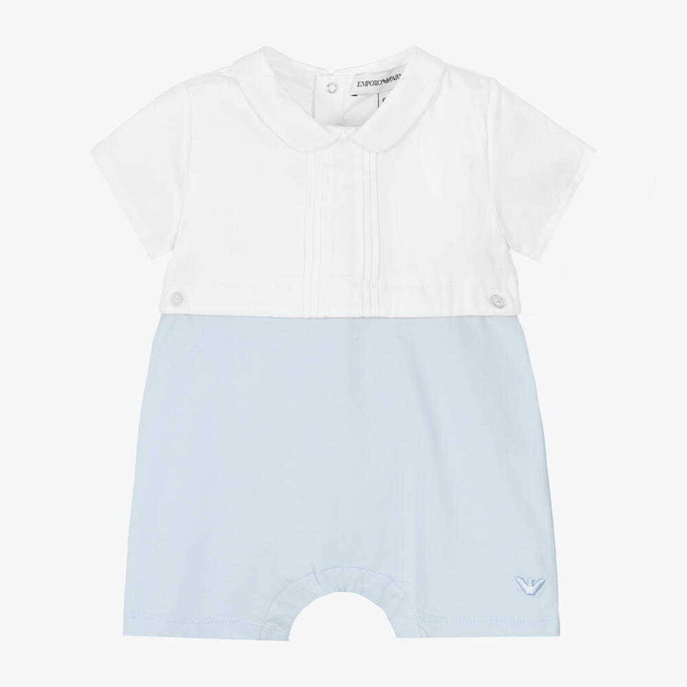 Emporio Armani-Baby Boys White & Blue Cotton Shortie | Childrensalon Outlet