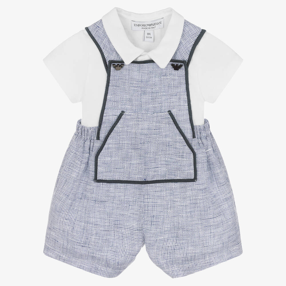 Emporio Armani - Baby-Latzhosen-Set in Weiß und Blau  | Childrensalon