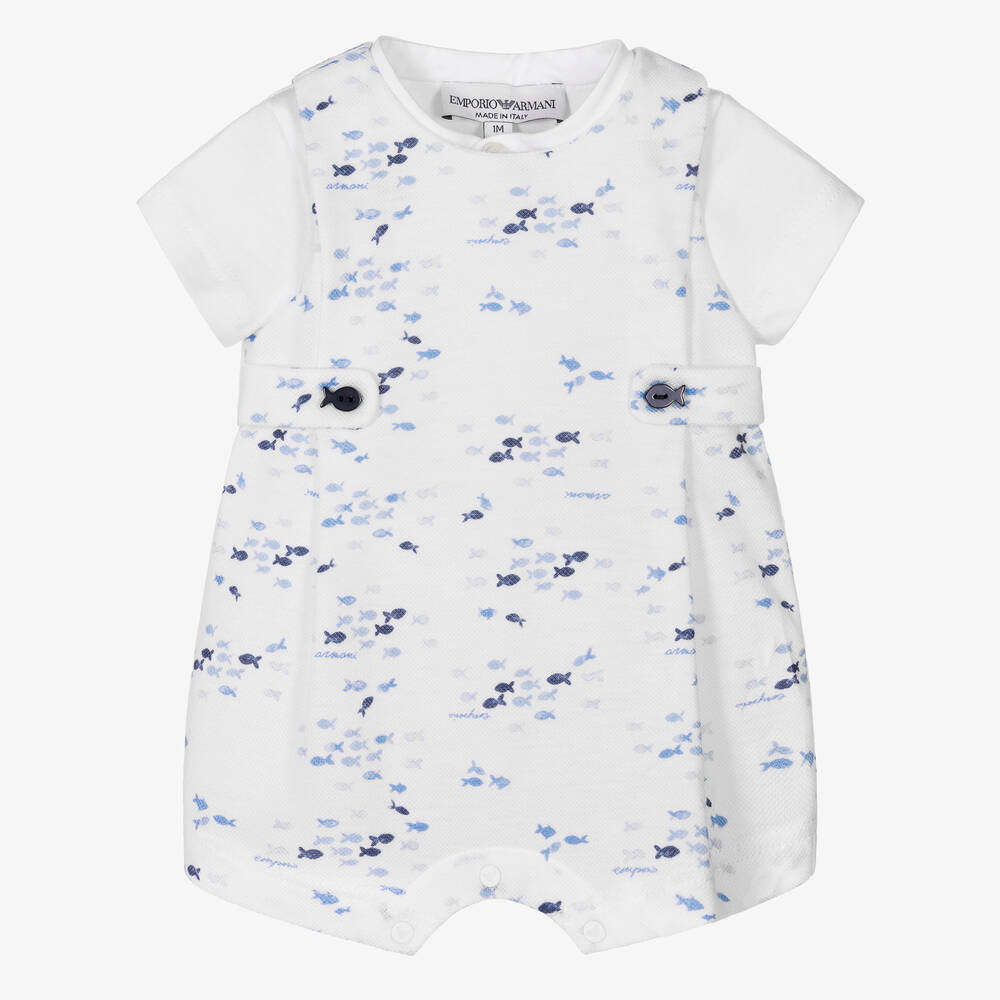 Emporio Armani - Baby Boys White & Blue Fish Shortie Set | Childrensalon