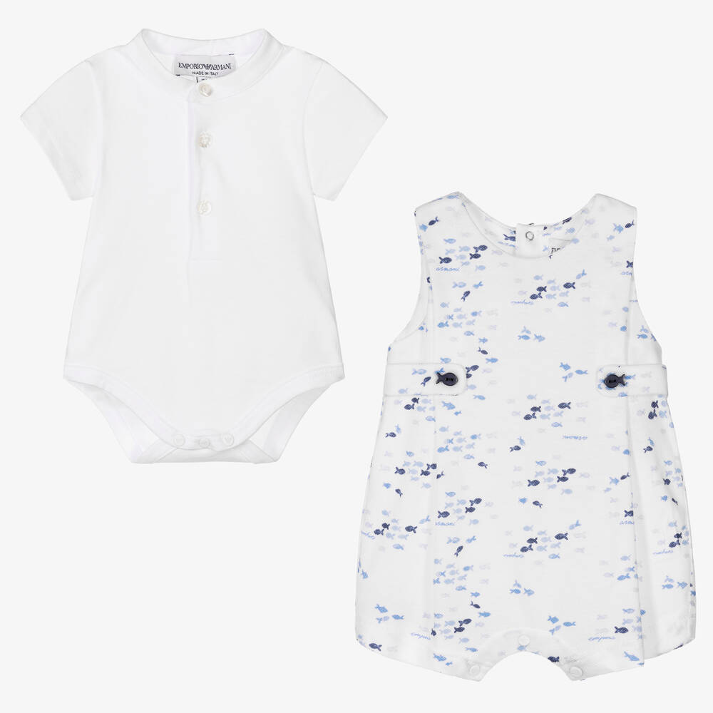 Emporio Armani Baby Boys White Blue Fish Shortie Set