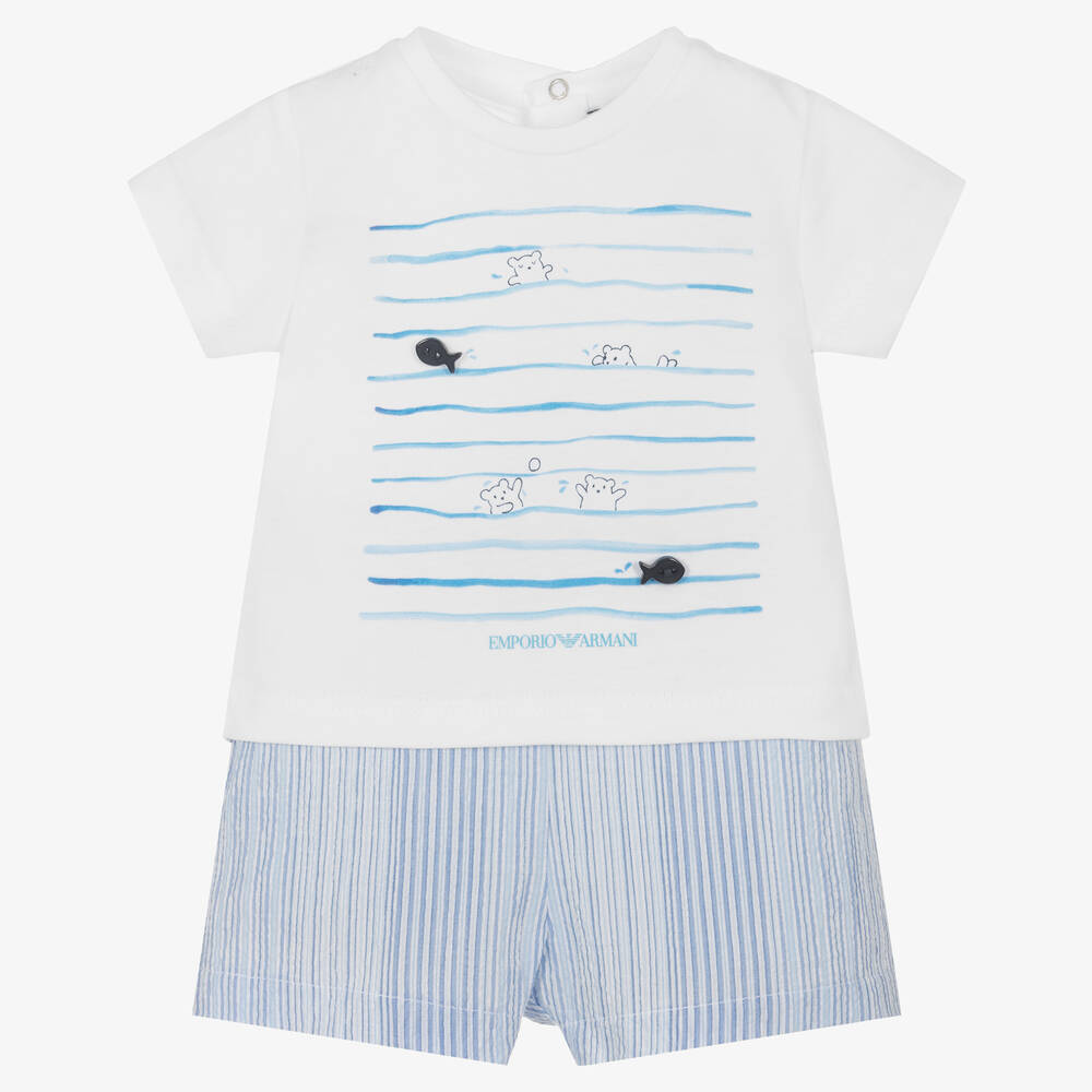 Emporio Armani - Baby Boys White & Blue Logo Shorts Set | Childrensalon