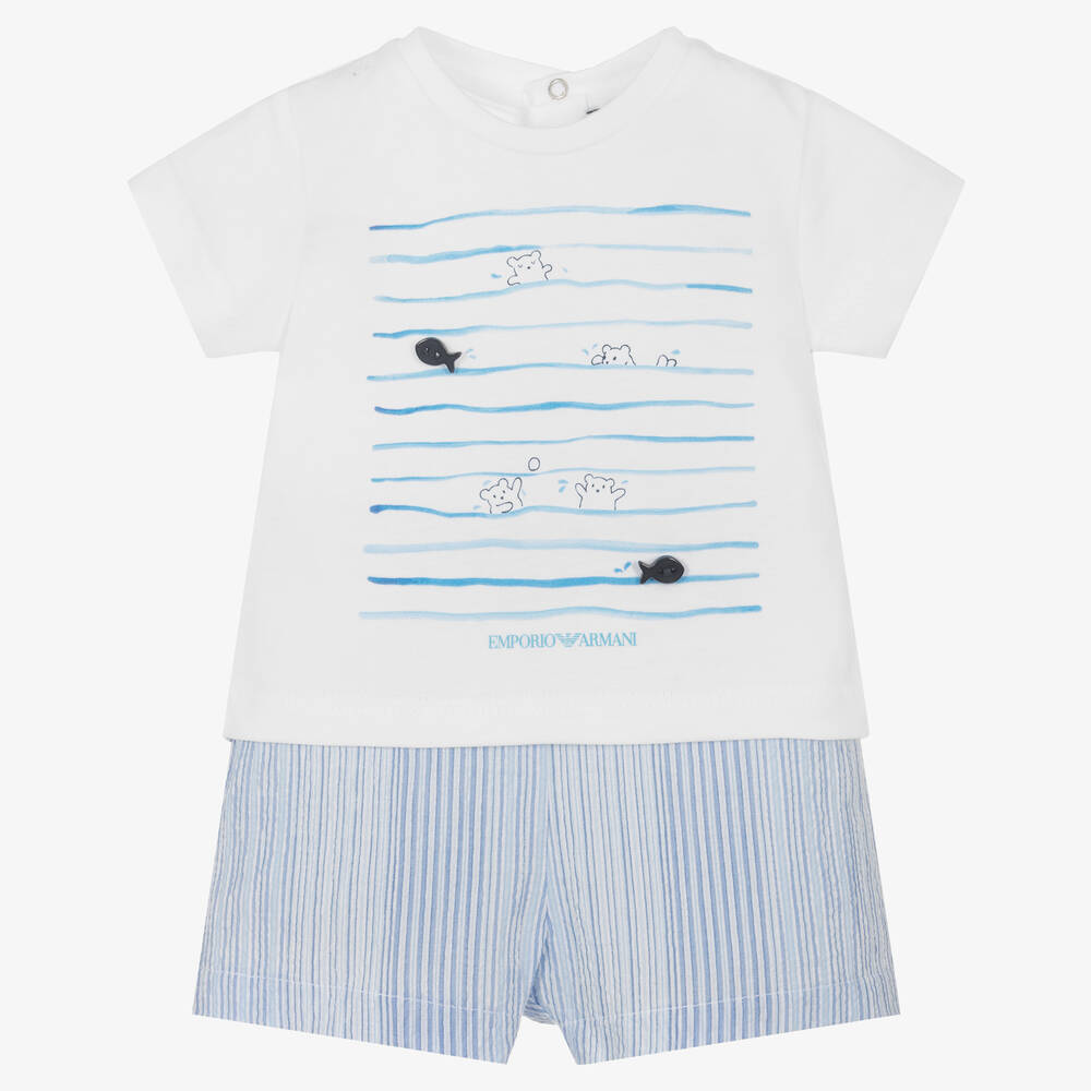 Emporio Armani - Ensemble short blanc et bleu bébé | Childrensalon